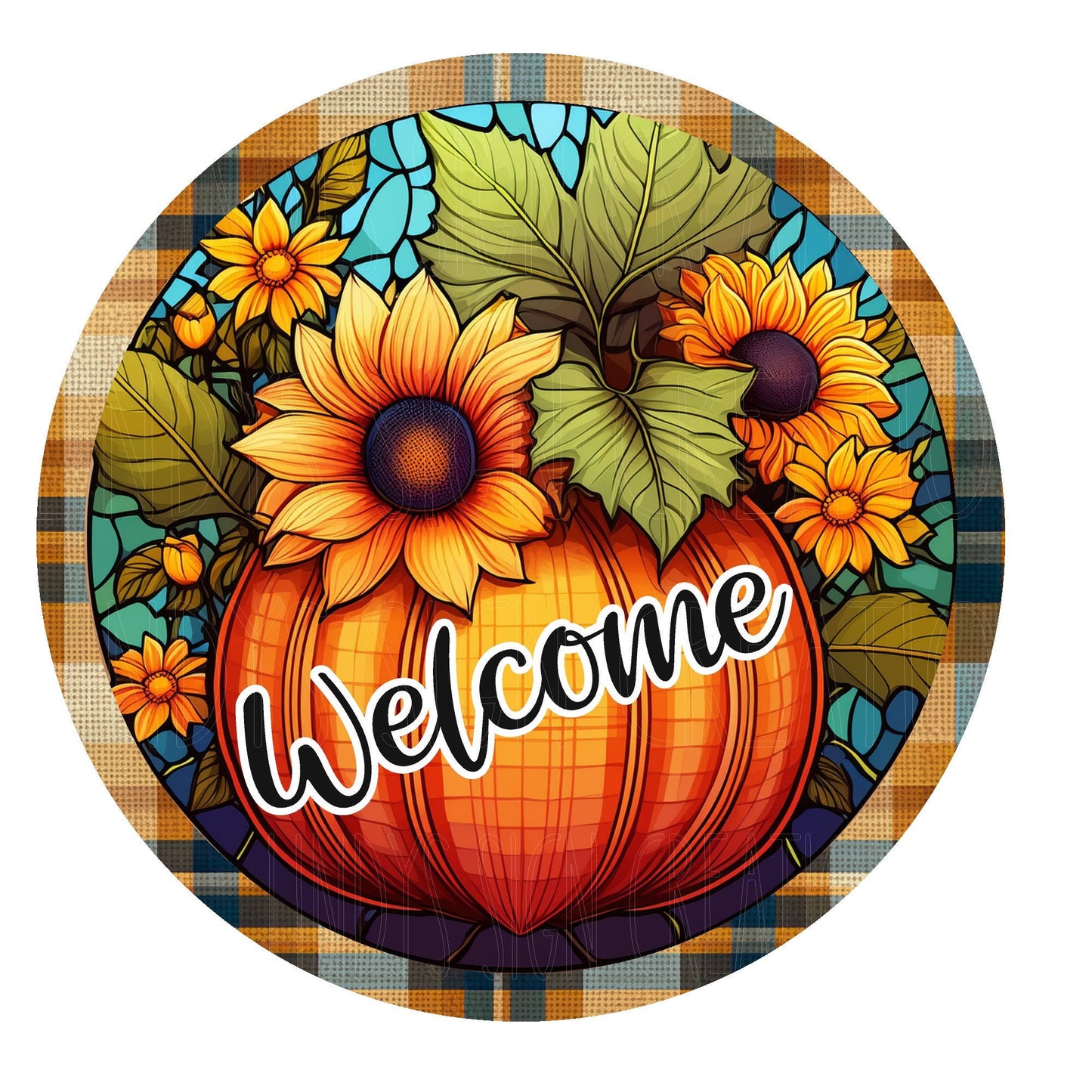 Welcome plaid pumpkin with sunflowers wreath sign, metal wreath sign, round wreath sign, door decor, Lindys sign creations