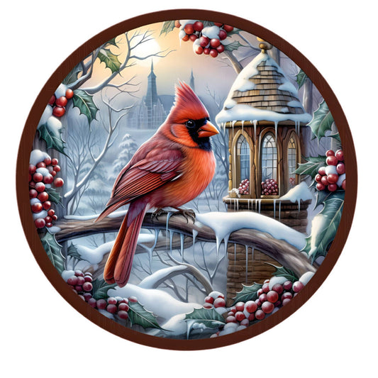 Cardinal in winter wreath sign, metal wreath sign, round wreath sign, front door sign, Lindys sign creations