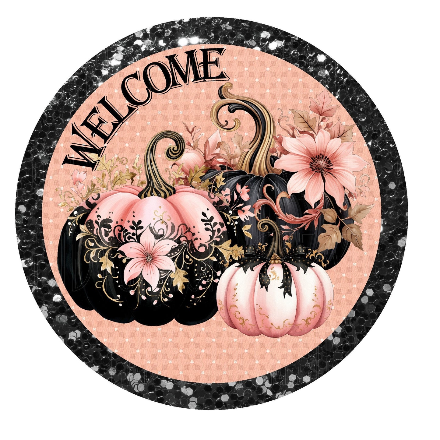 Pumpkins pink and black welcome wreath sign, metal wreath sign, round wreath sign, door decor, Lindys sign creations