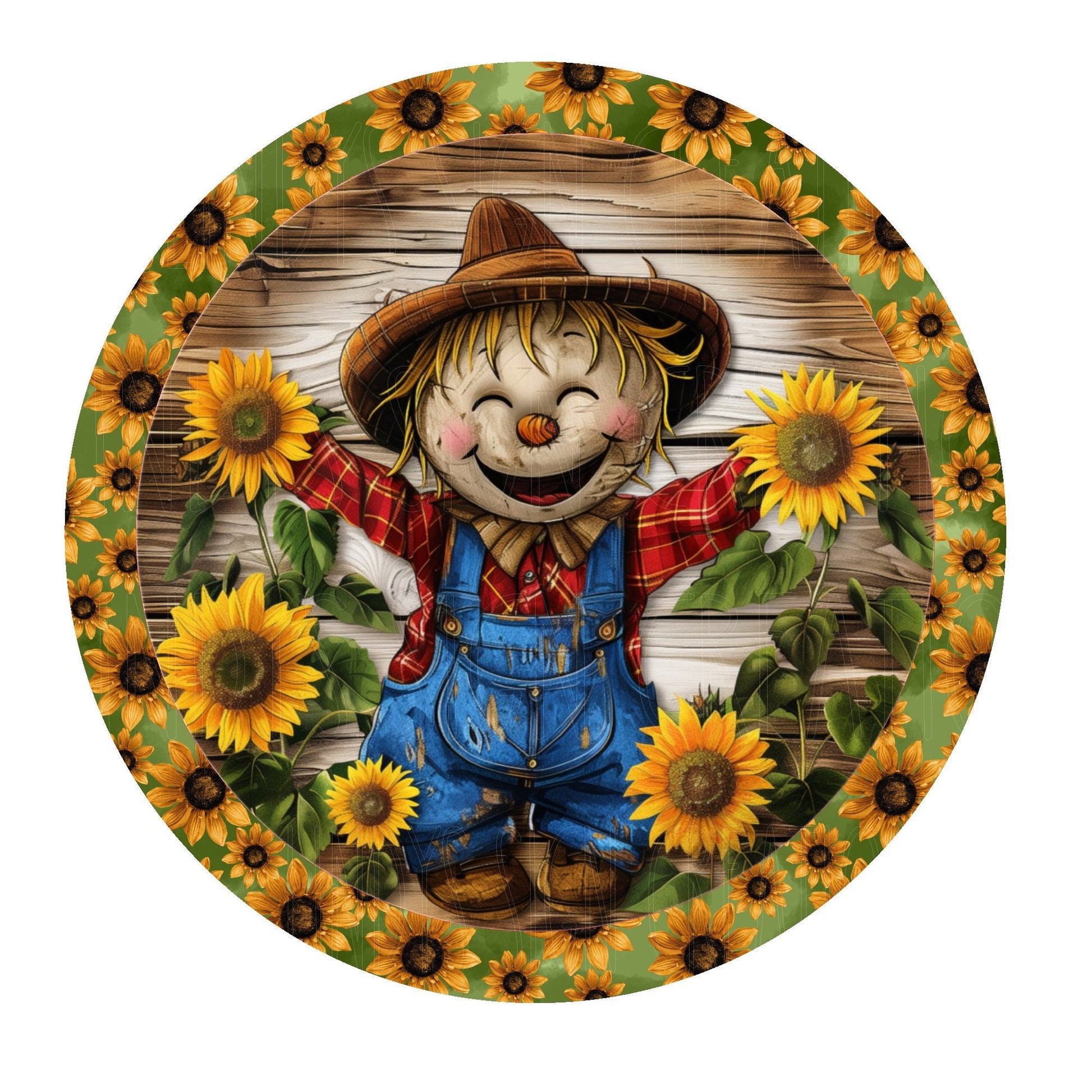 Scarecrow sunflower wreath sign, metal wreath sign, round wreath sign, door decor, Lindys sign creations