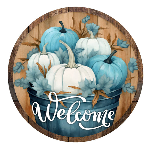 Blue and white pumpkins welcome wreath sign, metal wreath sign, round wreath sign, door decor, Lindys sign creations