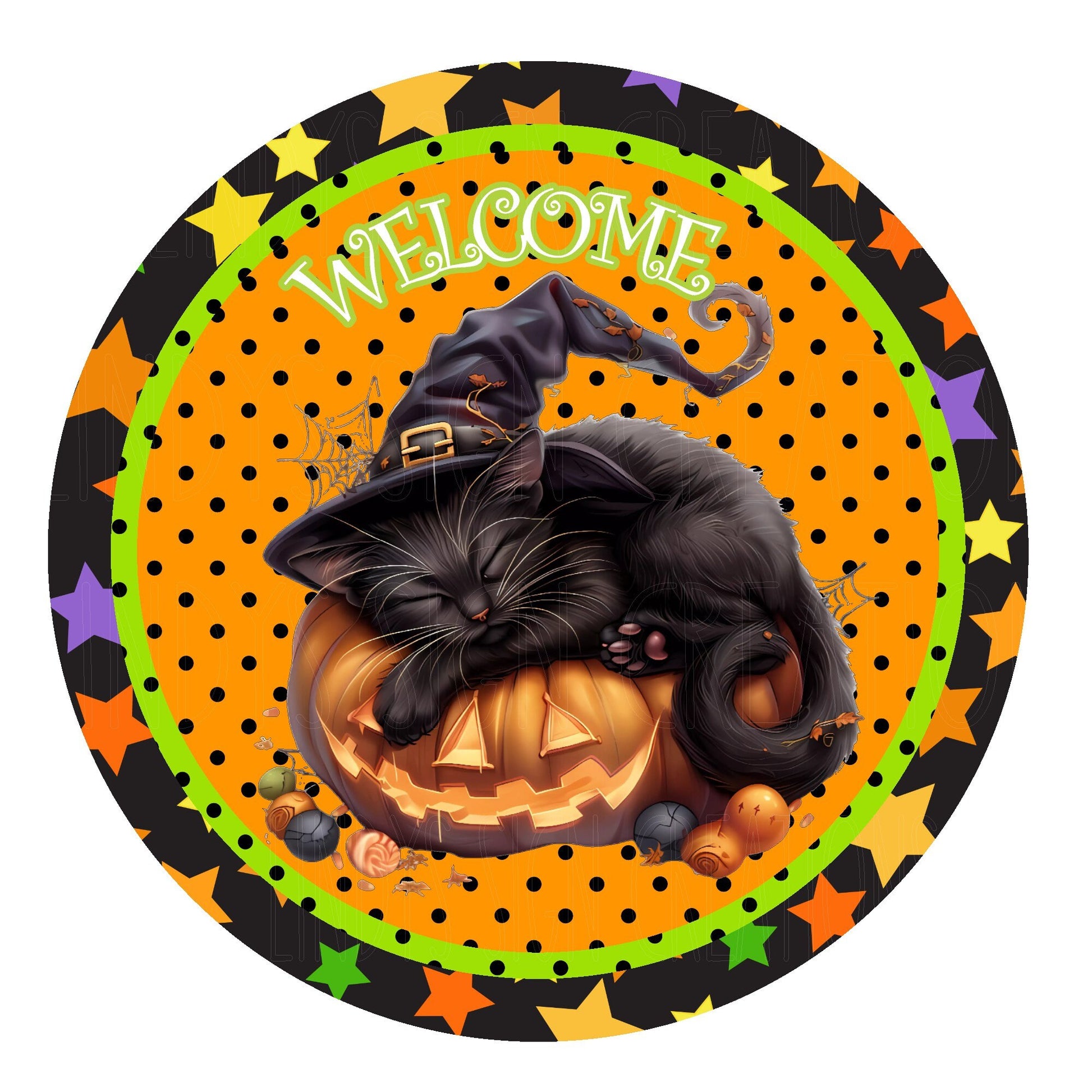 Halloween welcome kitty on smiling jack o lantern wreath sign, metal wreath sign, round wreath sign, door decor, Lindys sign creations