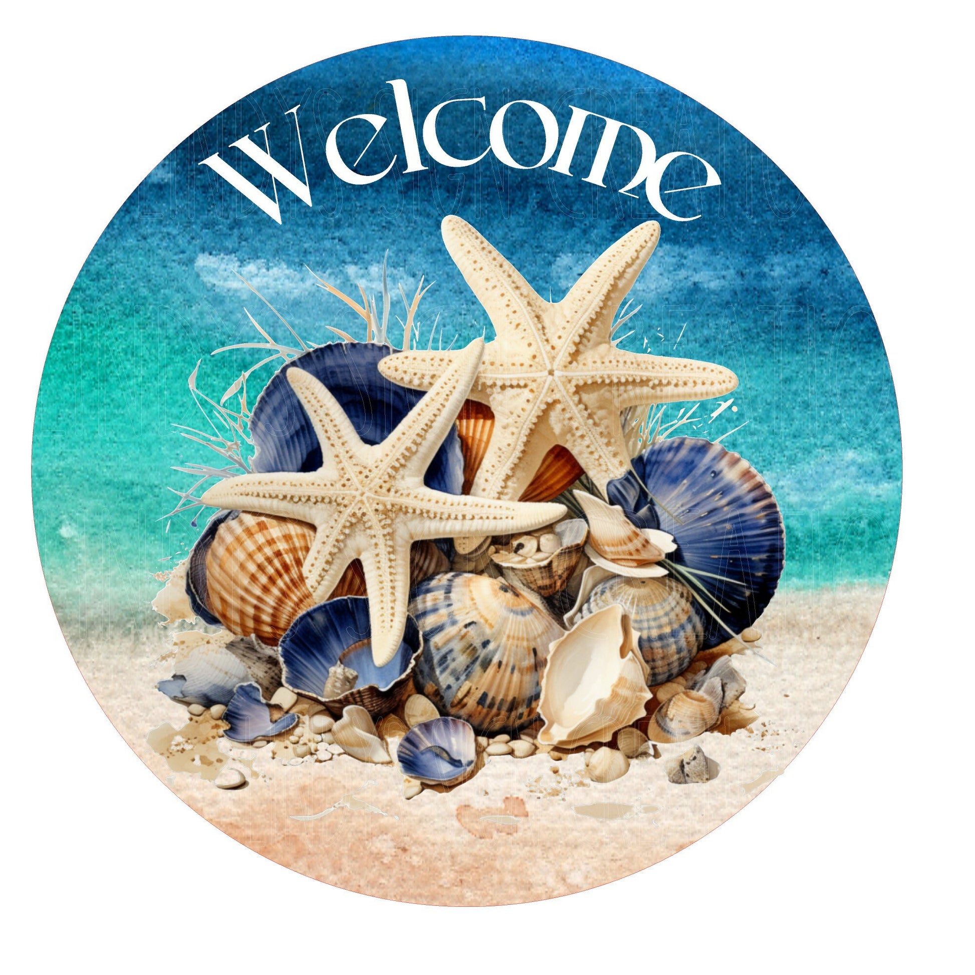 Welcome tropical starfish wreath sign, metal wreath sign, round wreath sign, door decor, Lindys sign creations