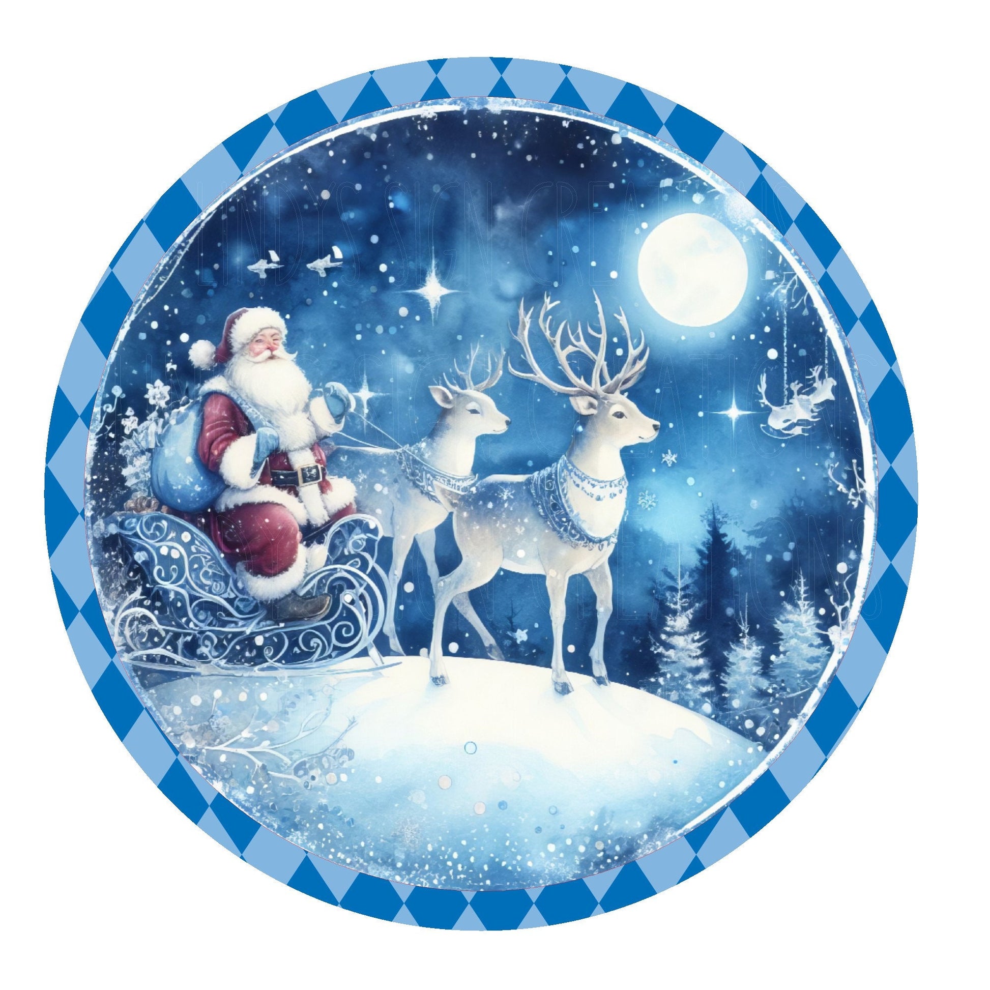 Santa in sleigh with reindeer wreath sign, metal wreath sign, round wreath sign, door decor, Lindys sign creations