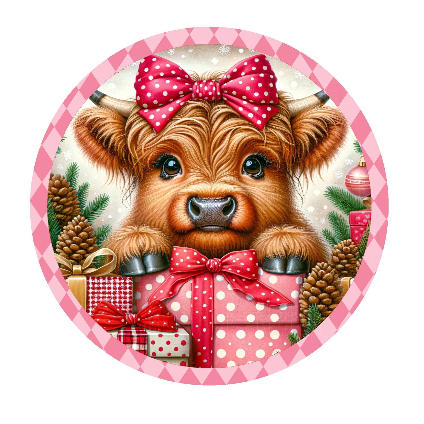 Highland cow with pink Christmas packages wreath sign, round wreath sign, metal wreath sign, door decor, Lindys sign creations