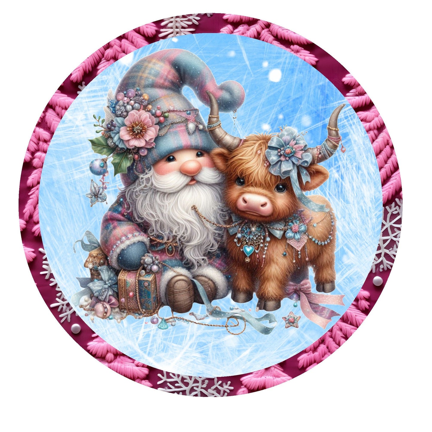 Highland cow with Christmas gnome and gifts wreath sign, metal wreath sign, round wreath sign, Lindys sign creations