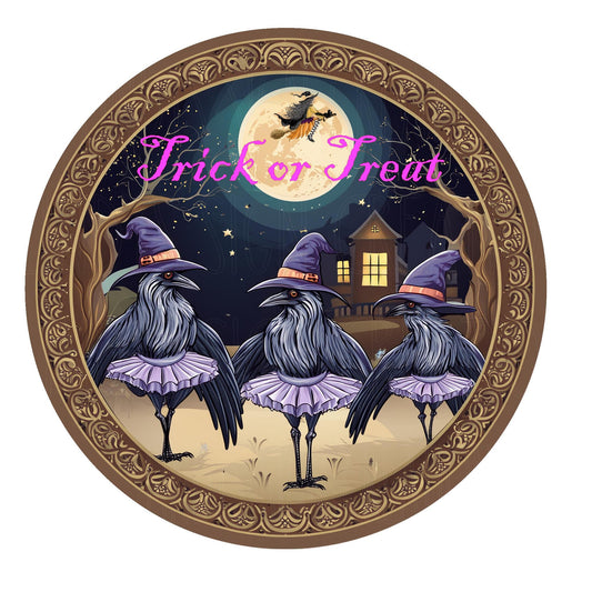 Trick or treat crows with tutus wreath sign, metal wreath sign, round wreath sign, door decor, Lindys sign creations