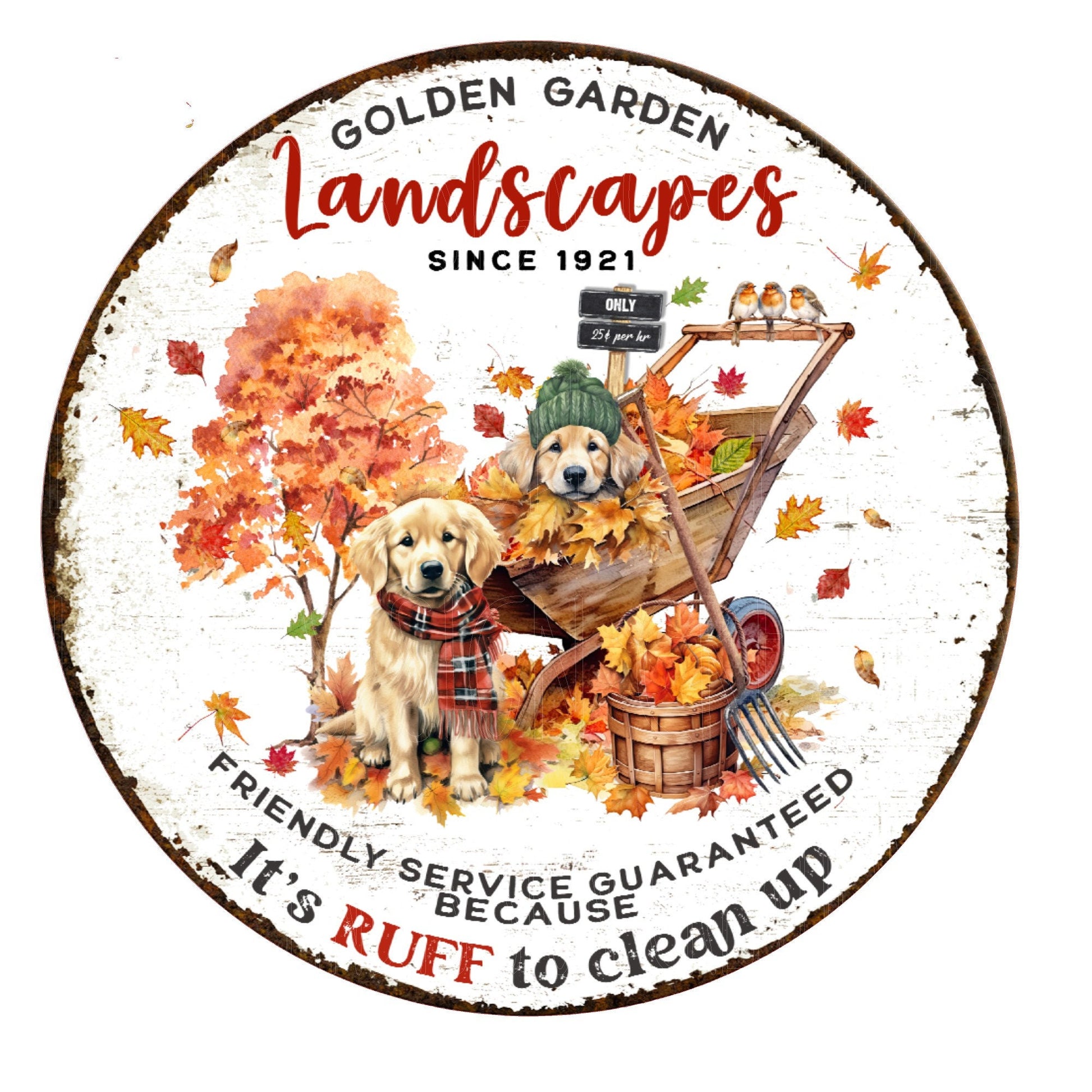 Golden garden landscapes wreath sign, golden retriever sign, fall wreath sign, metal wreath sign, round wreath sign, Lindys sign creations