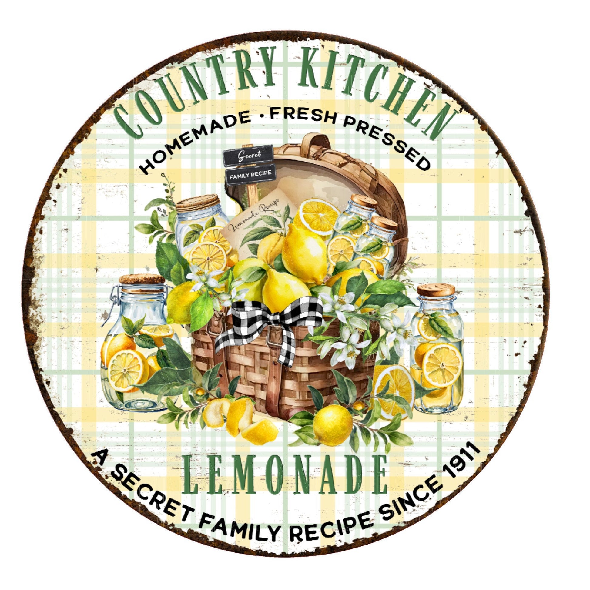 Country kitchen lemonade wreath sign, metal wreath sign, round wreath sign, door decor, Lindys sign creations