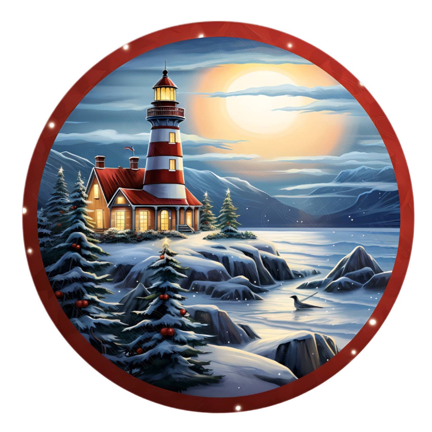 Winter lighthouse wreath sign, metal wreath sign, round wreath sign, Lindys sign creations