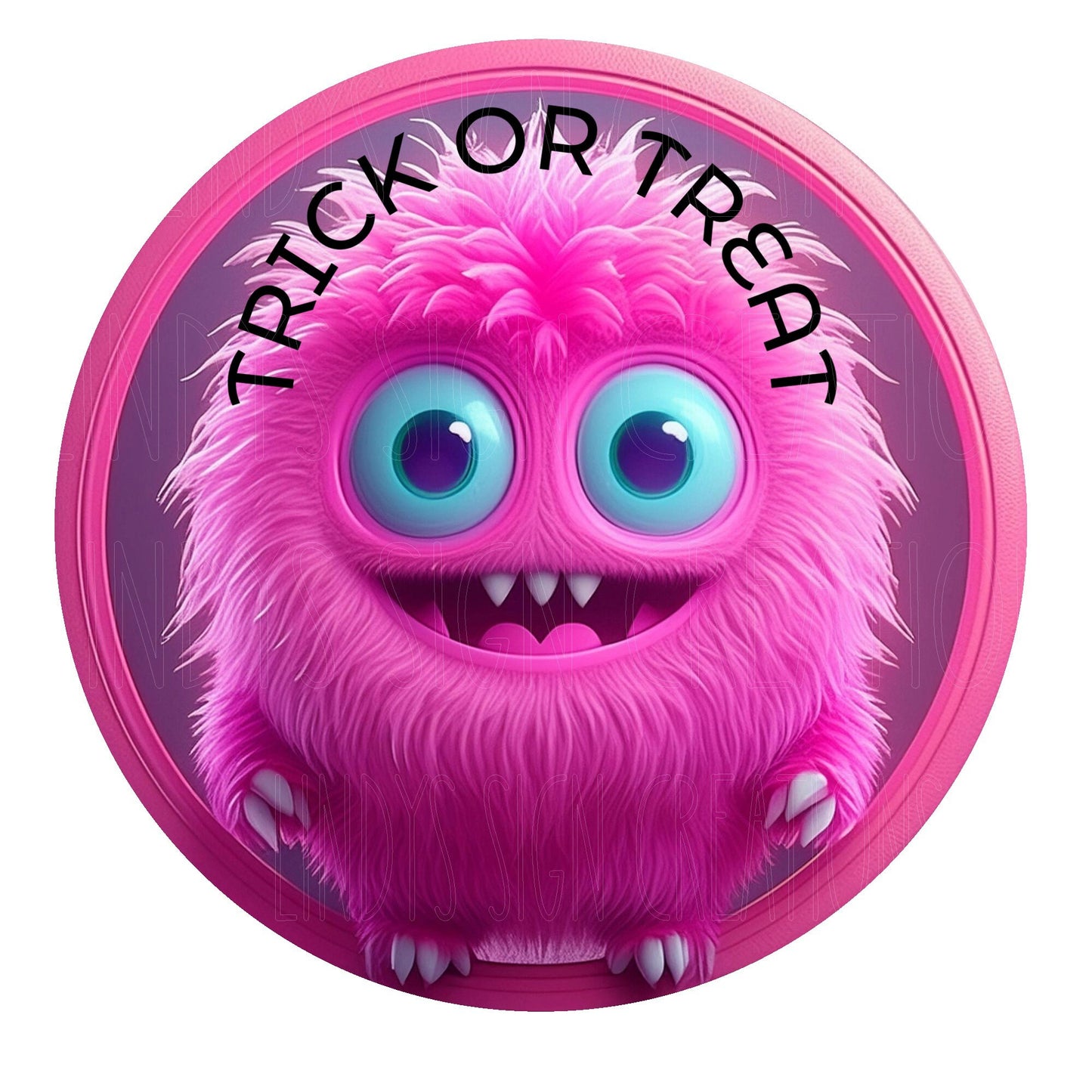 Trick or treat pink furry monster wreath sign, metal wreath sign, round wreath sign, door decor, Lindys sign creations