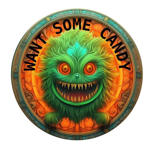 Want some candy spooky furry monster wreath sign, metal wreath sign, round wreath sign, door decor, Lindys sign creations