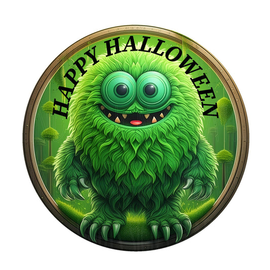 Green furry monster happy Halloween wreath sign, metal wreath sign, round wreath sign, door decor, Lindys sign creations