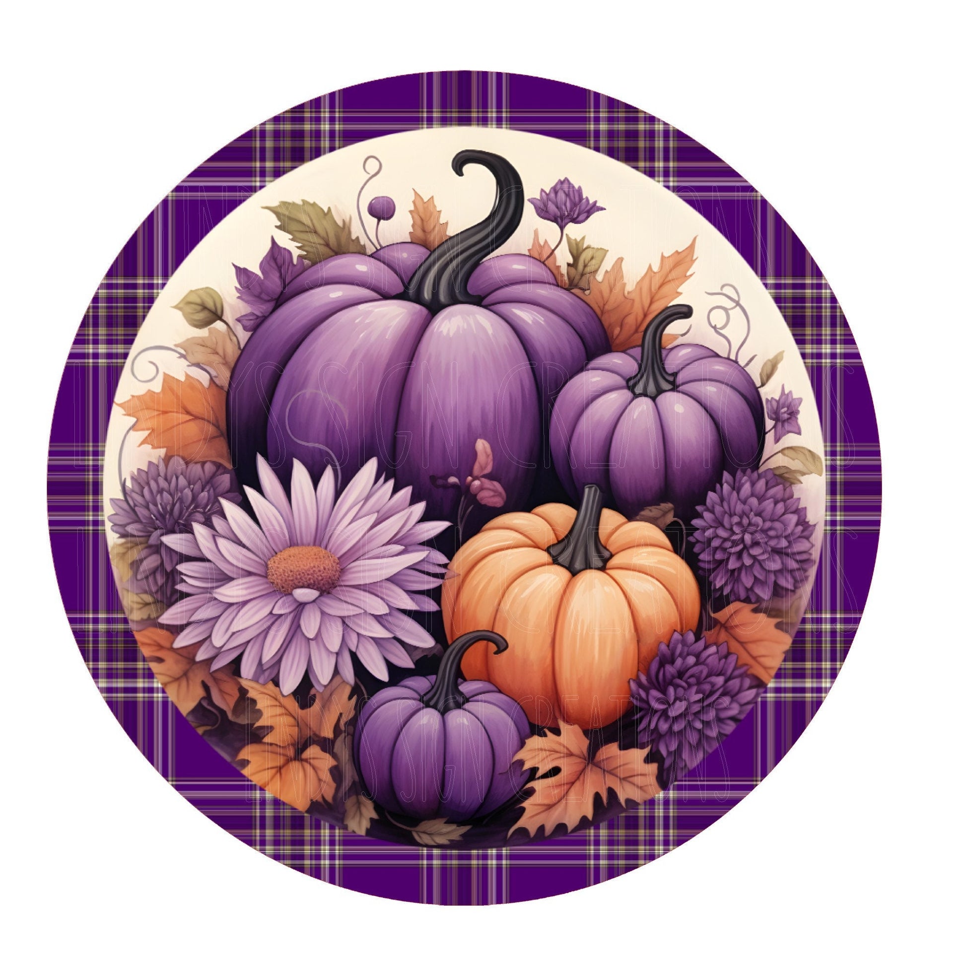 Purple fall pumpkin wreath sign, metal wreath sign, round wreath sign, door decor, Lindys sign creations