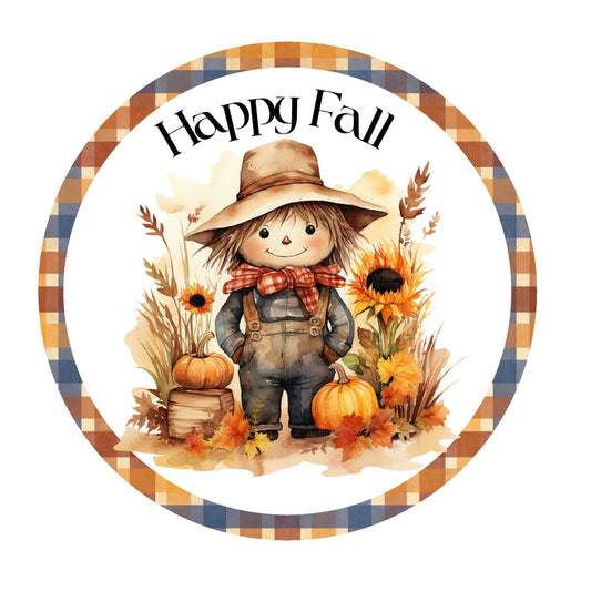 Scarecrow with pumpkins and sunflower wreath sign, happy fall sign, metal wreath sign, round wreath sign, door decor, Lindys sign creations