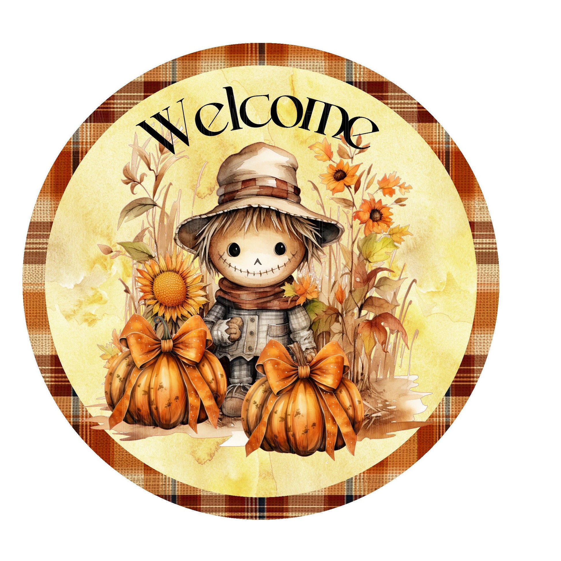 Welcome scarecrow with pumpkins and sunflowers wreath sign, metal wreath sign, round wreath sign, door decor, Lindys sign creations