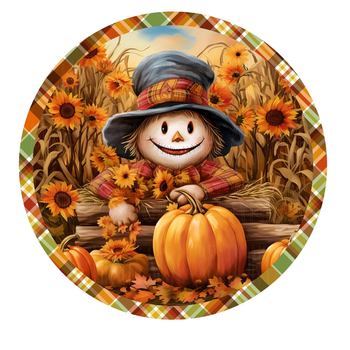 Scarecrow with pumpkin and sunflowers wreath sign, metal wreath sign, round wreath sign, door decor, Lindys sign creations