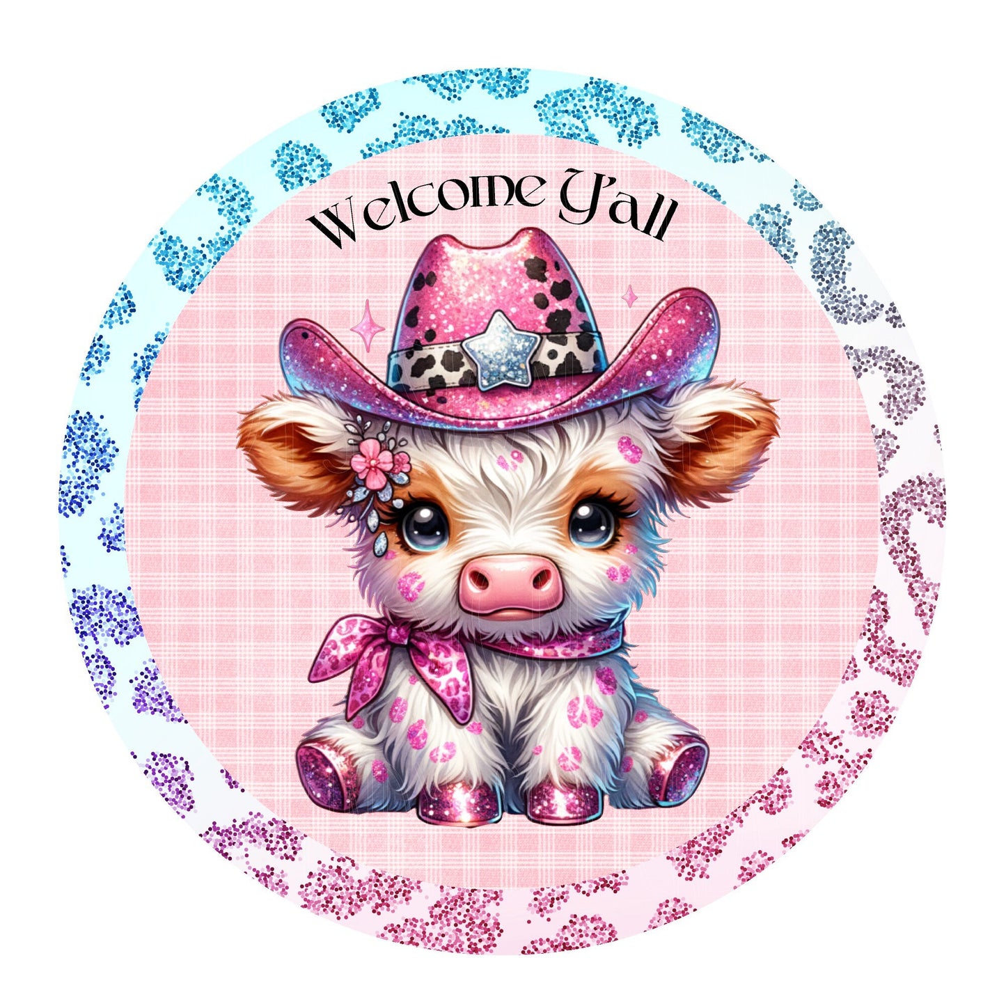 Welcome y'all cow girl wreath sign, metal wreath sign, round wreath sign, door decor, Lindys sign creations