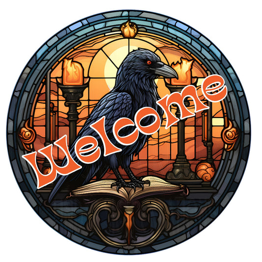 Raven Halloween welcome wreath sign, metal wreath sign, round wreath sign, door decor, Lindys sign creations