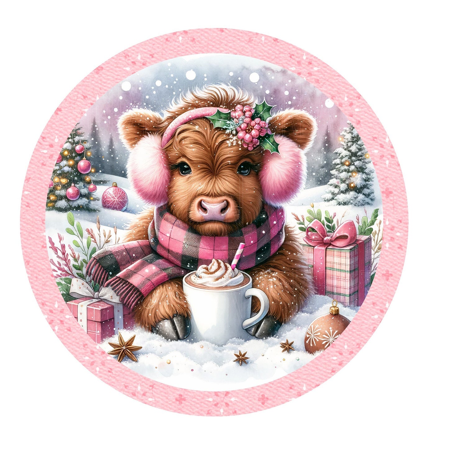 Highland cow with hot cocoa wreath sign, metal wreath sign, Christmas sign, round wreath sign, door decor, Lindys sign creations