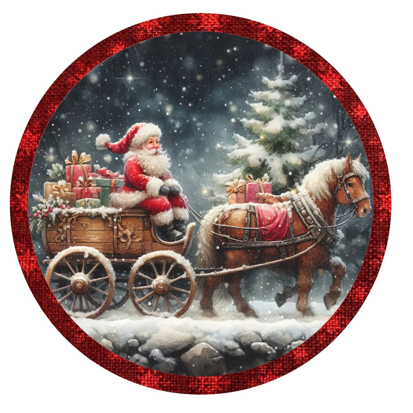 Santa on horse drawn cart wreath sign, metal wreath sign, round wreath sign, door decor, Lindys sign creations