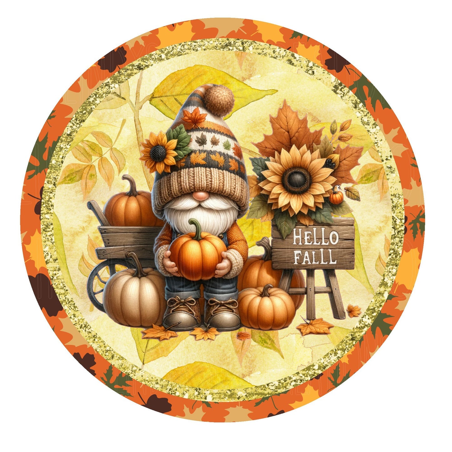 Hello fall gnome wreath sign, metal wreath sign, pumpkin sign, round sign, door decor, Lindys sign creations