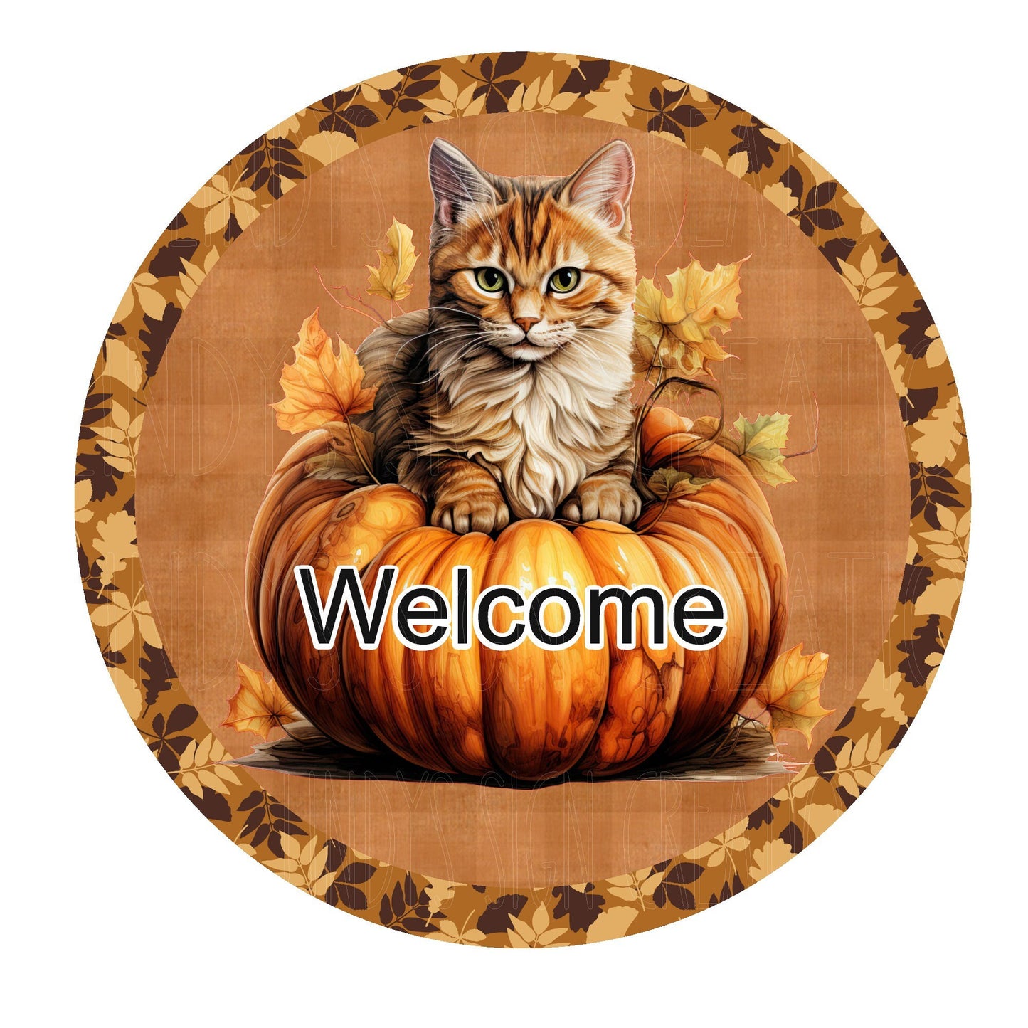 Kitty on pumpkin fall welcome wreath sign, metal wreath sign, round wreath sign, door decor, Lindys sign creations