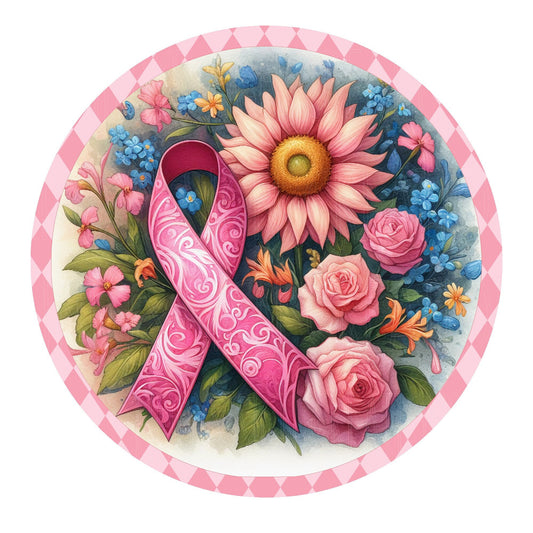 Pink cancer awareness wreath sign, pink ribbon sign, round wreath sign, metal wreath sign, home decor, Lindys sign creations