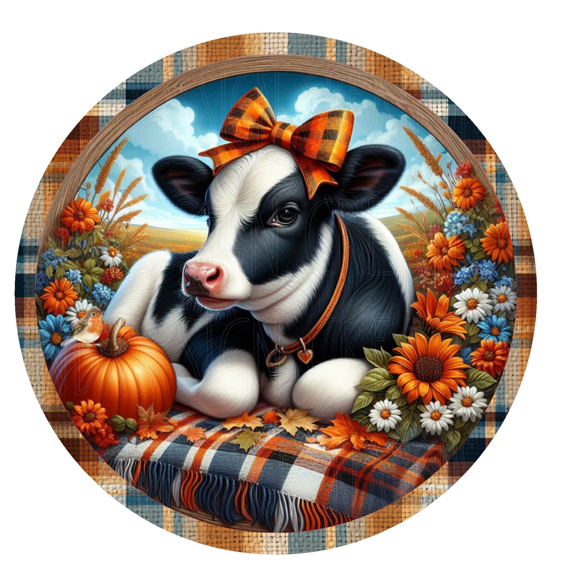 Cute cow with pumpkin and sunflowers wreath sign, metal wreath sign, round wreath sign, home decor, Lindys sign creations