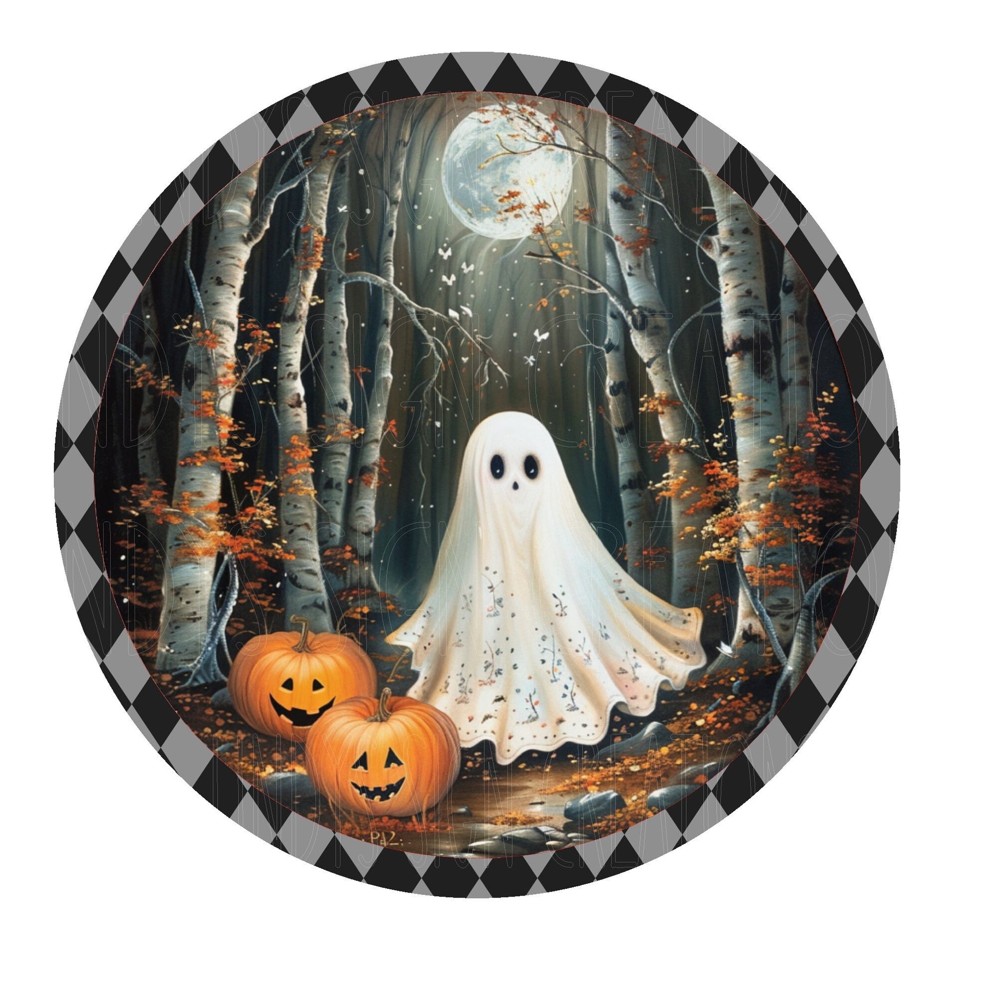 Ghost in woods Halloween wreath sign, metal wreath sign, round wreath sign, door decor, Lindys sign creations