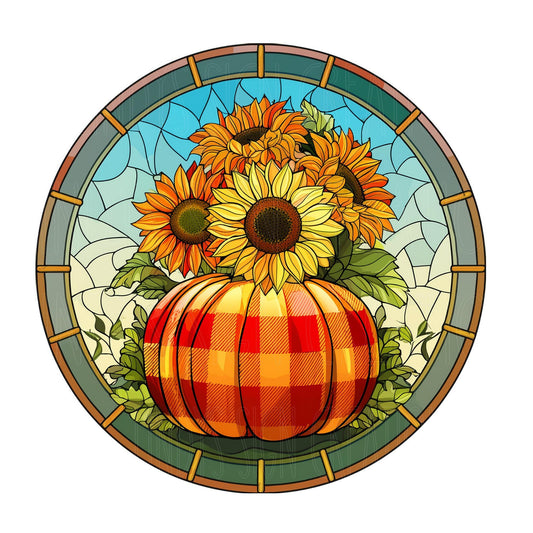 Plaid pumpkin with sunflowers wreath sign, metal wreath sign, round wreath sign, front door decor, Lindys sign creations