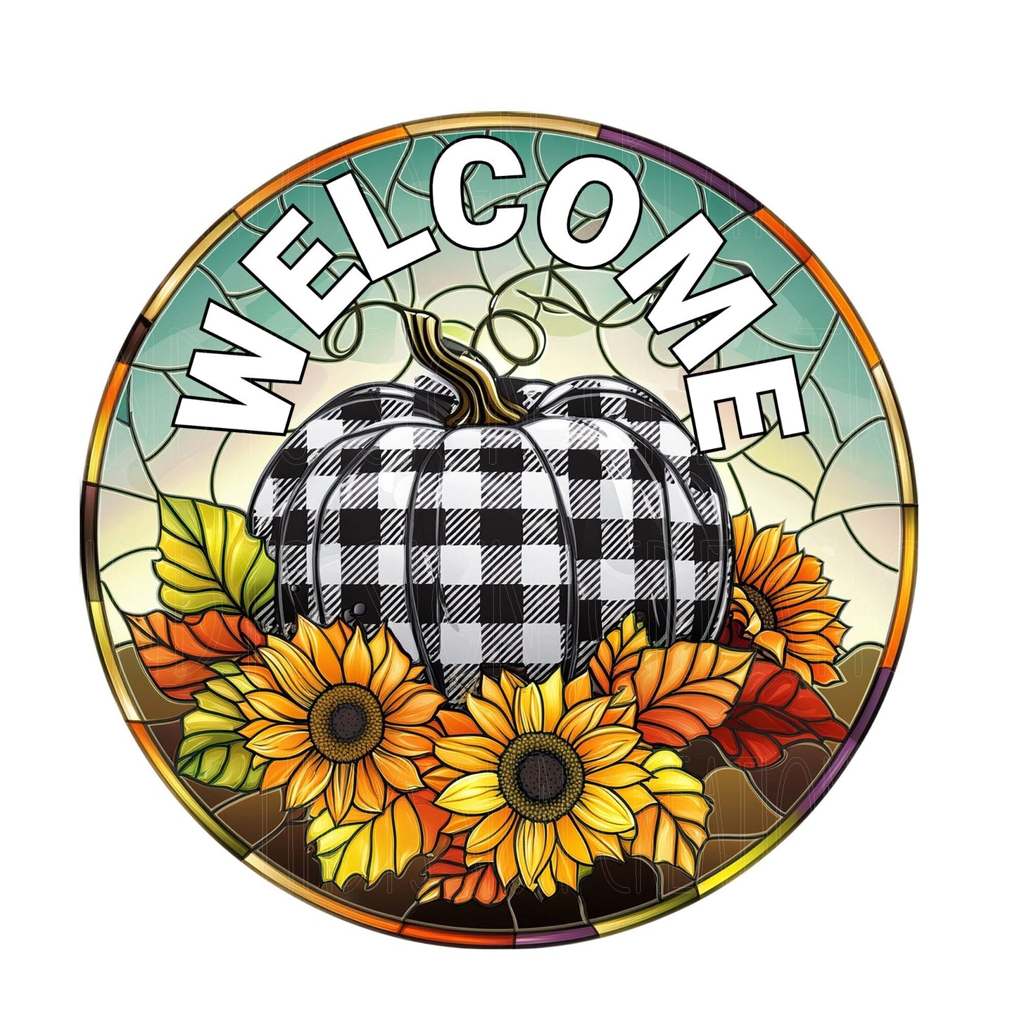 Welcome plaid pumpkin and sunflowers wreath sign, metal wreath sign, round wreath sign, door decor, Lindys sign creations