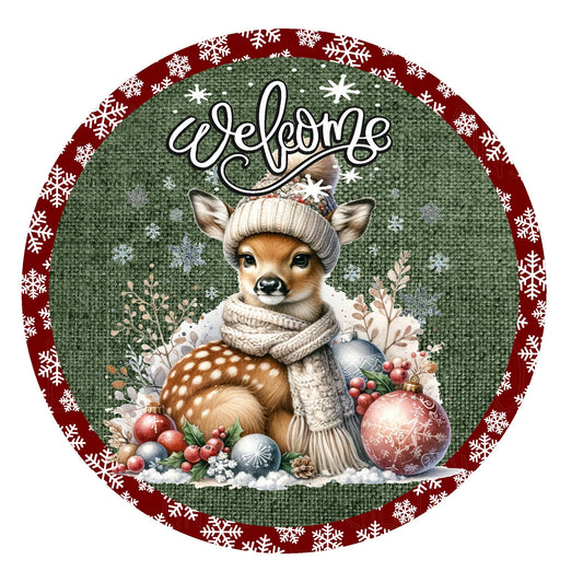 Fawn welcome Christmas wreath sign, metal wreath sign, round wreath sign, door decor, Lindys sign creations