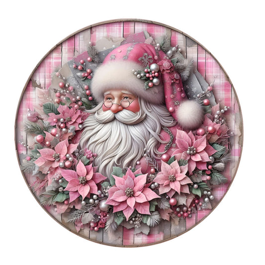 Pink Santa with poinsettia wreath sign, Christmas sign, metal wreath sign, round wreath sign, door decor, Lindys sign creations