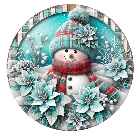 Turquoise snowman with poinsettias wreath sign, metal wreath sign, round wreath sign, door decor, Lindys sign creations