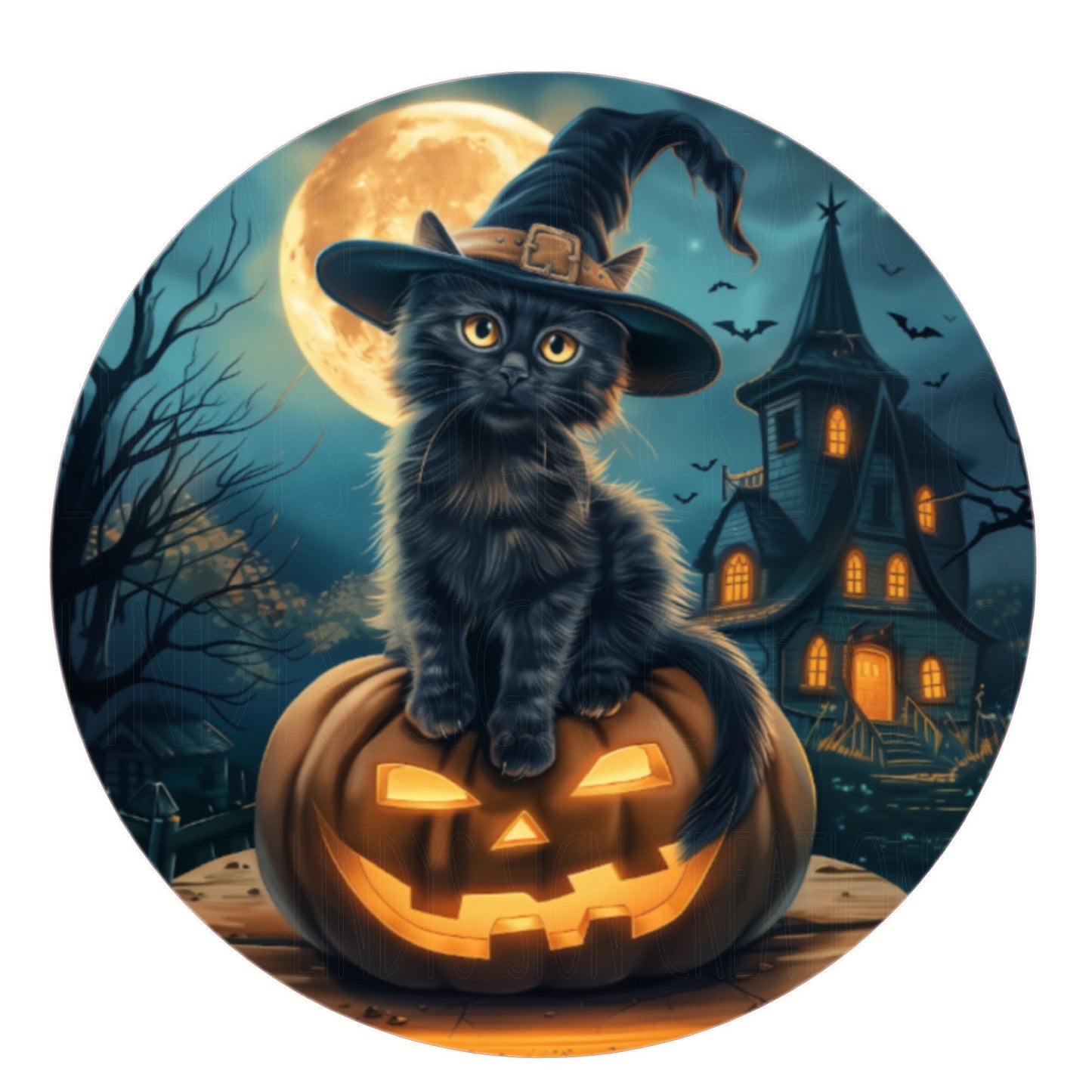 Cat with witch hat on jack o lantern wreath sign, metal wreath sign, round wreath sign, door decor, Halloween decor, Lindys sign creations