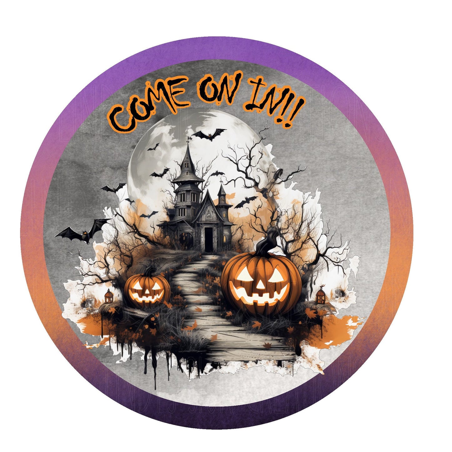 Halloween haunted house come on in wreath sign, metal wreath sign, round wreath sign, door decor, Lindys sign creations