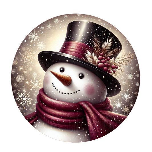 Snowman with top hat and burgundy scarf wreath sign, metal wreath sign, round wreath sign, winter sign, door decor, Lindys sign creations