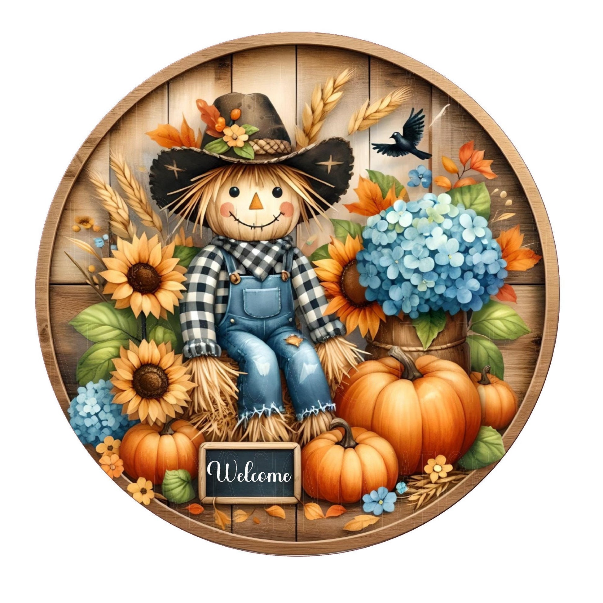 Welcome scarecrow on hay bale wreath sign, metal wreath sign, round wreath sign, door decor, Lindys sign creations