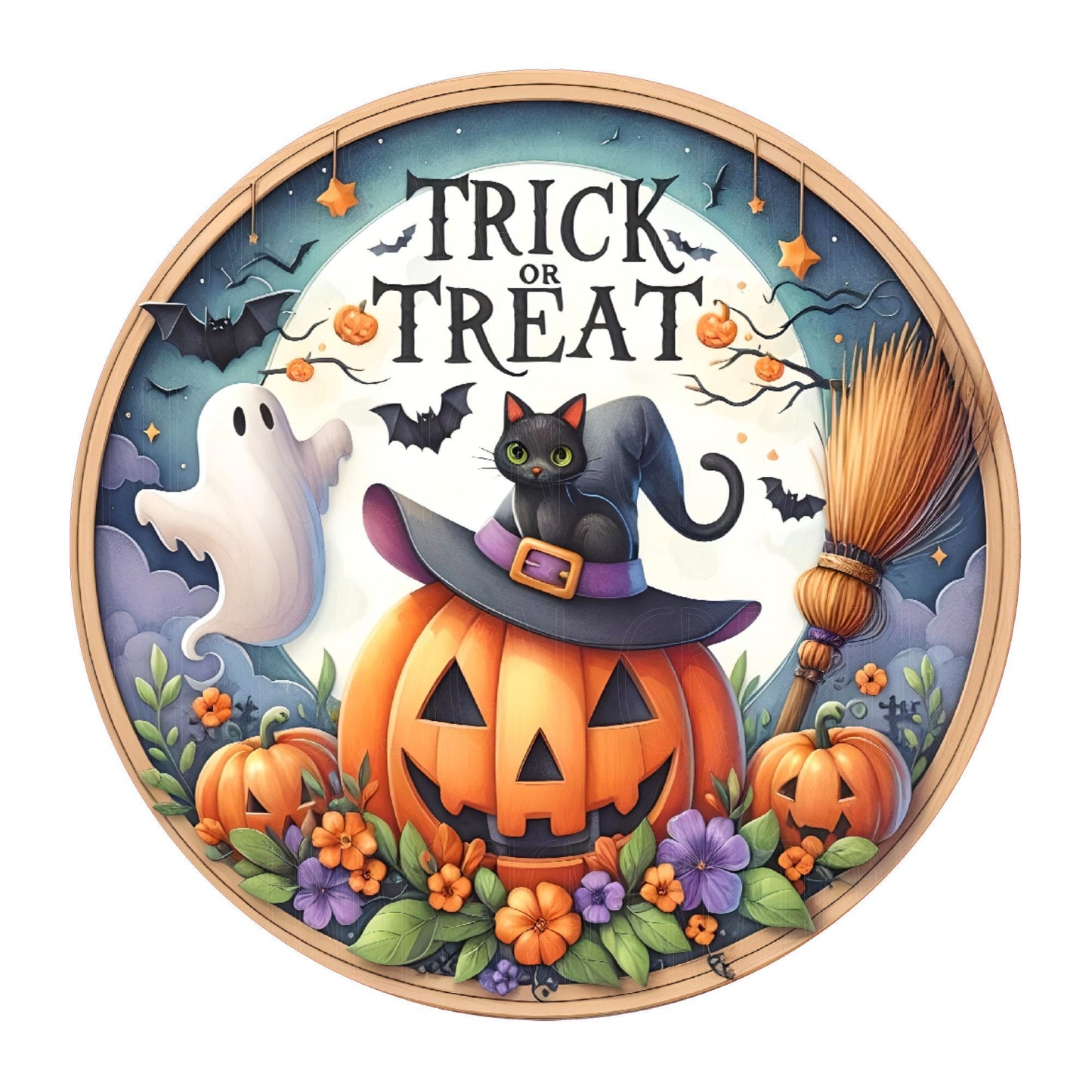 Trick or treat wreath sign, Halloween sign, metal wreath sign, round wreath sign, door decor, Lindys sign creations