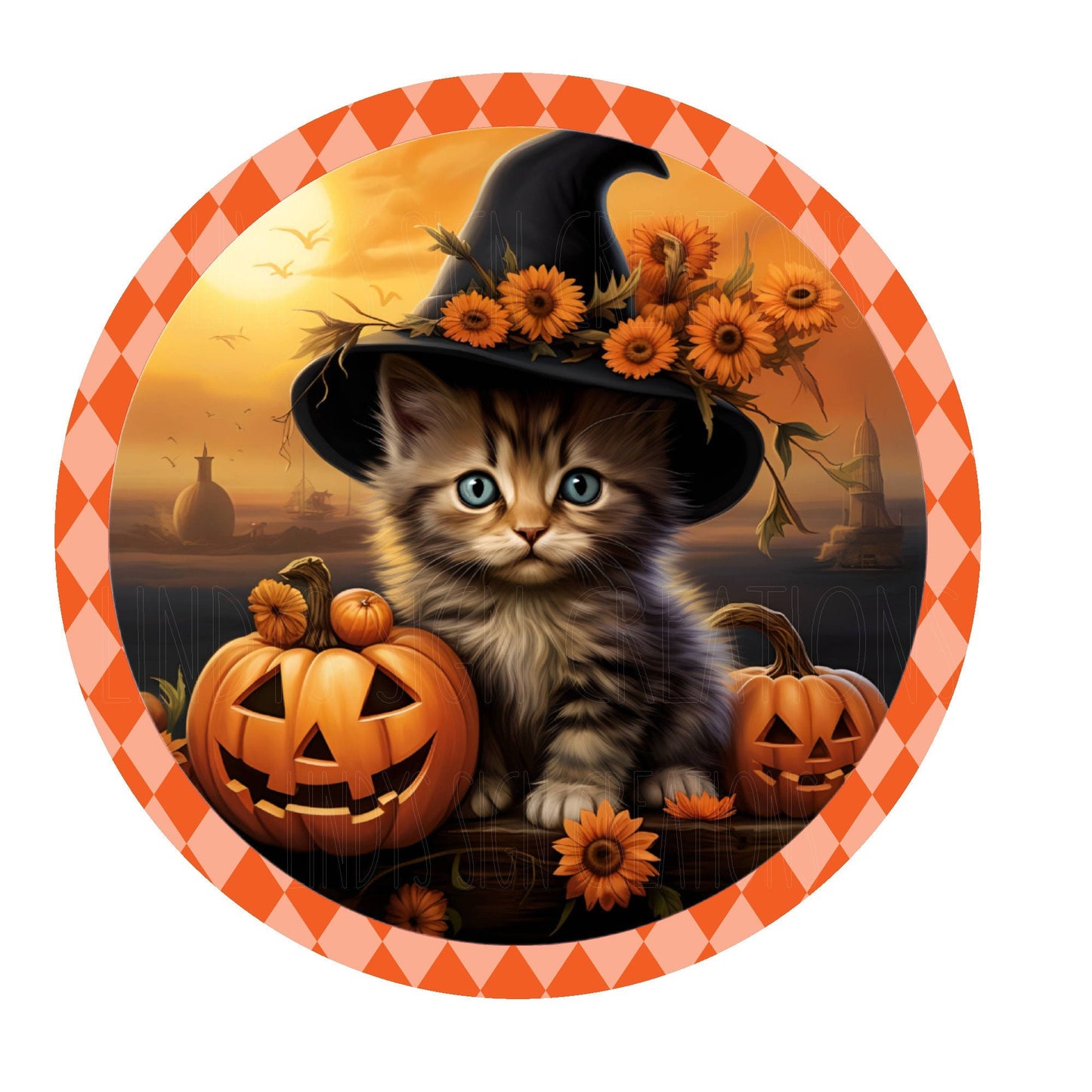 Cute kitty with pumpkin wreath sign, metal wreath sign, round wreath sign, door decor, Lindys sign creations