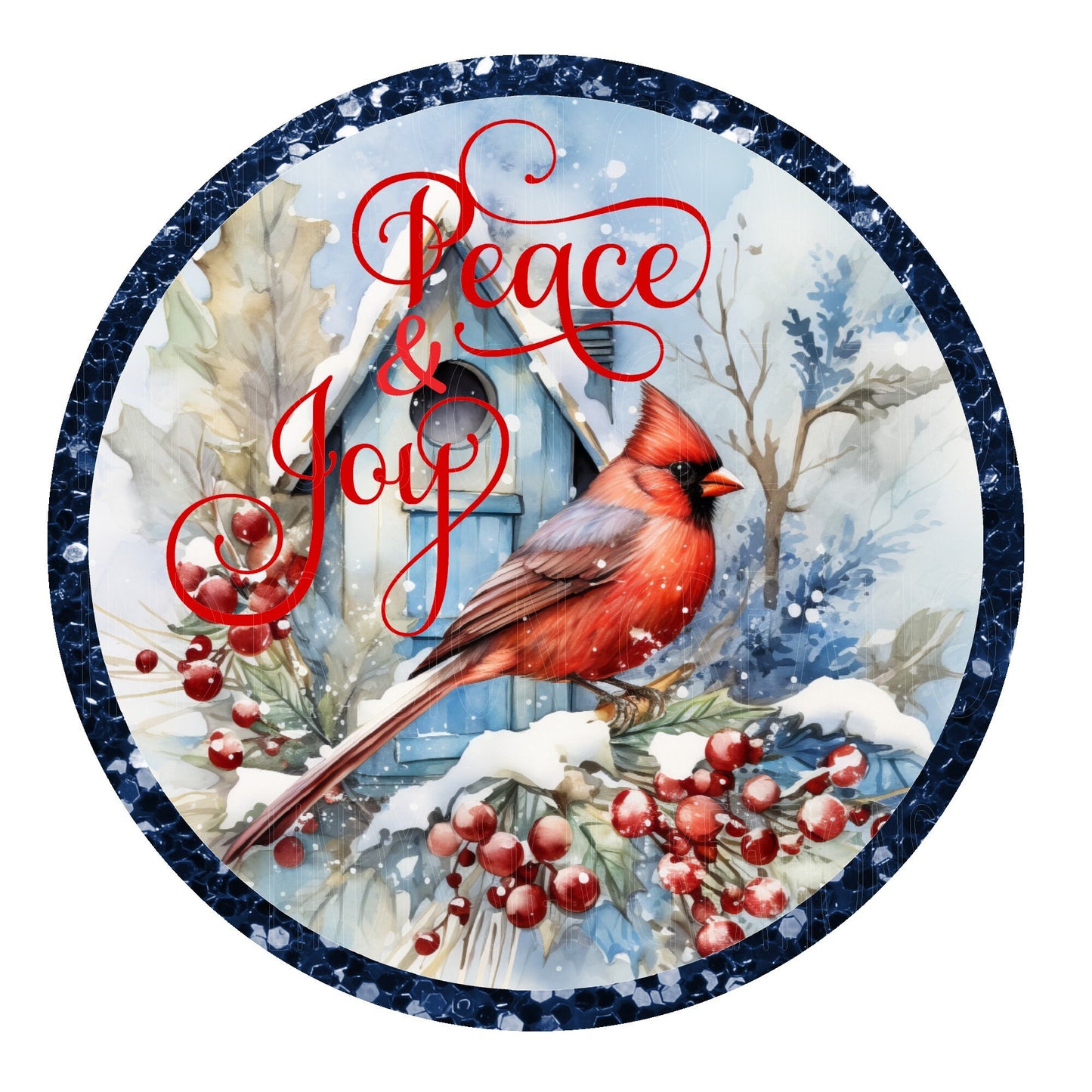 Cardinal at birdhouse peace and joy wreath sign, metal wreath sign, round wreath sign, door decor, Lindys sign creations