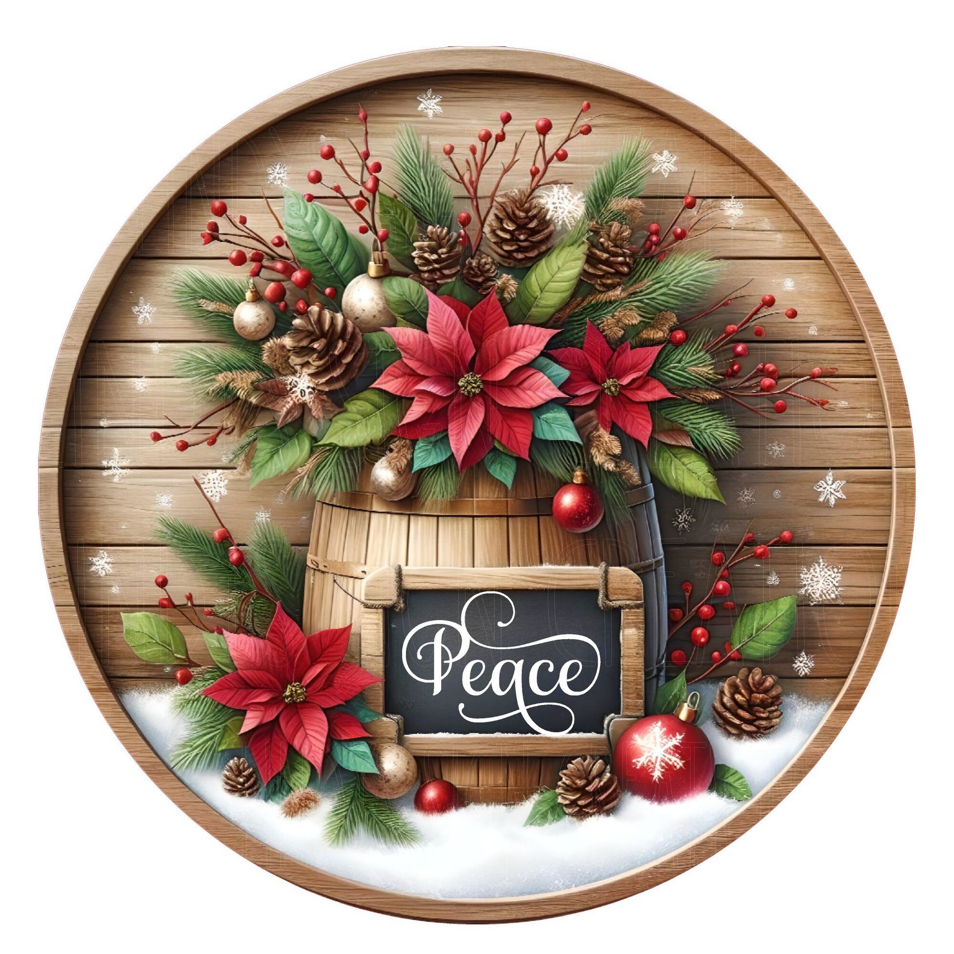 Peace poinsettia floral barrel wreath sign, metal wreath sign, winter wreath sign, door decor, Lindys sign creations