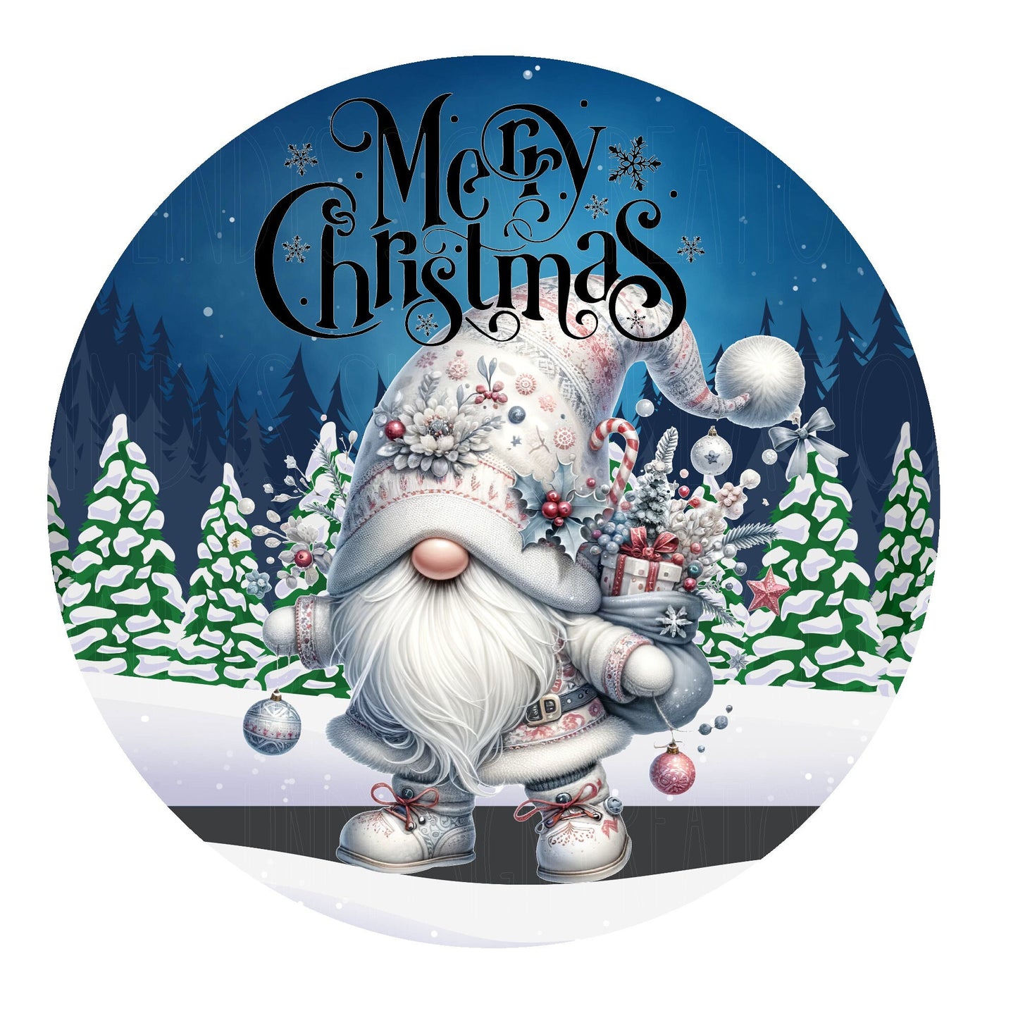 Merry Christmas silver gnome wreath sign, metal wreath sign, round wreath sign, door decor, Lindys sign creations