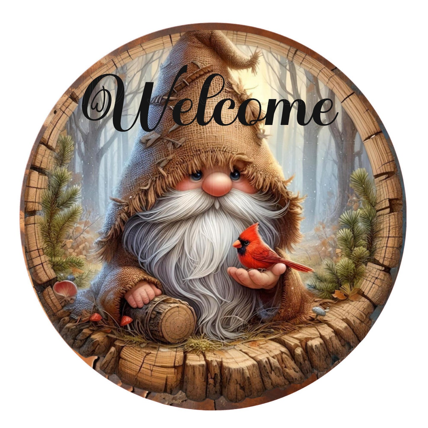 Gnome and cardinal welcome wreath sign, metal wreath sign, round wreath sign, door decor, Lindys sign creations