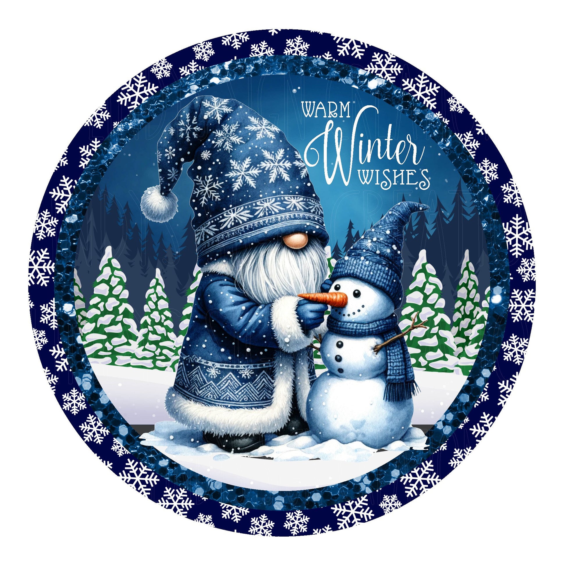 Gnome with snowman warm winter wishes wreath sign, metal wreath sign, door decor, round wreath sign, Lindys sign creations