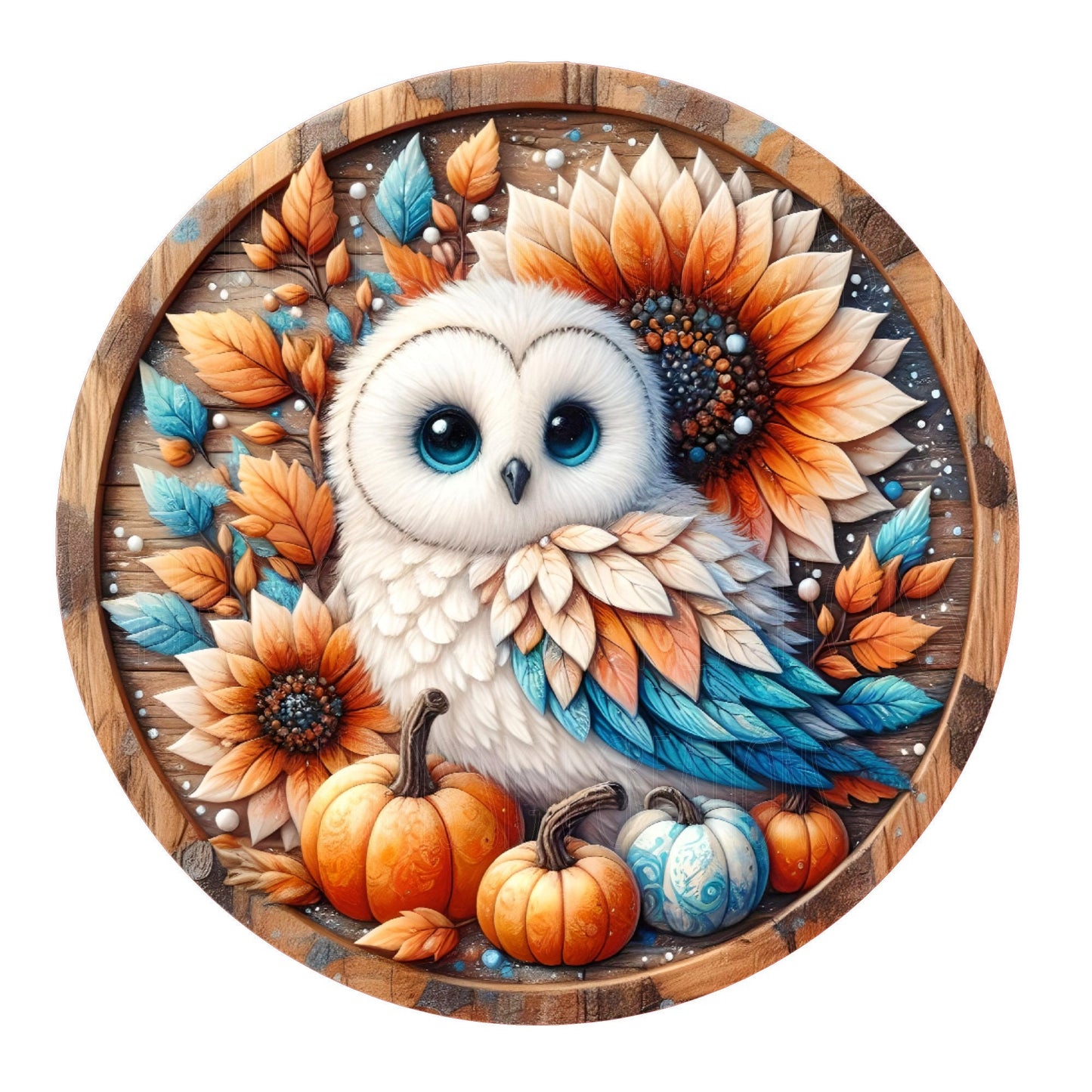 Fall owl with orange florals and pumpkins wreath sign, metal wreath sign, round wreath sign, door decor, home decor, Lindys sign creations