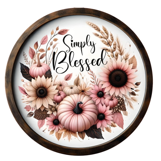 Simply blessed with pink pumpkins and florals wreath sign, metal wreath sign, round wreath sign, door decor, Lindys sign creations