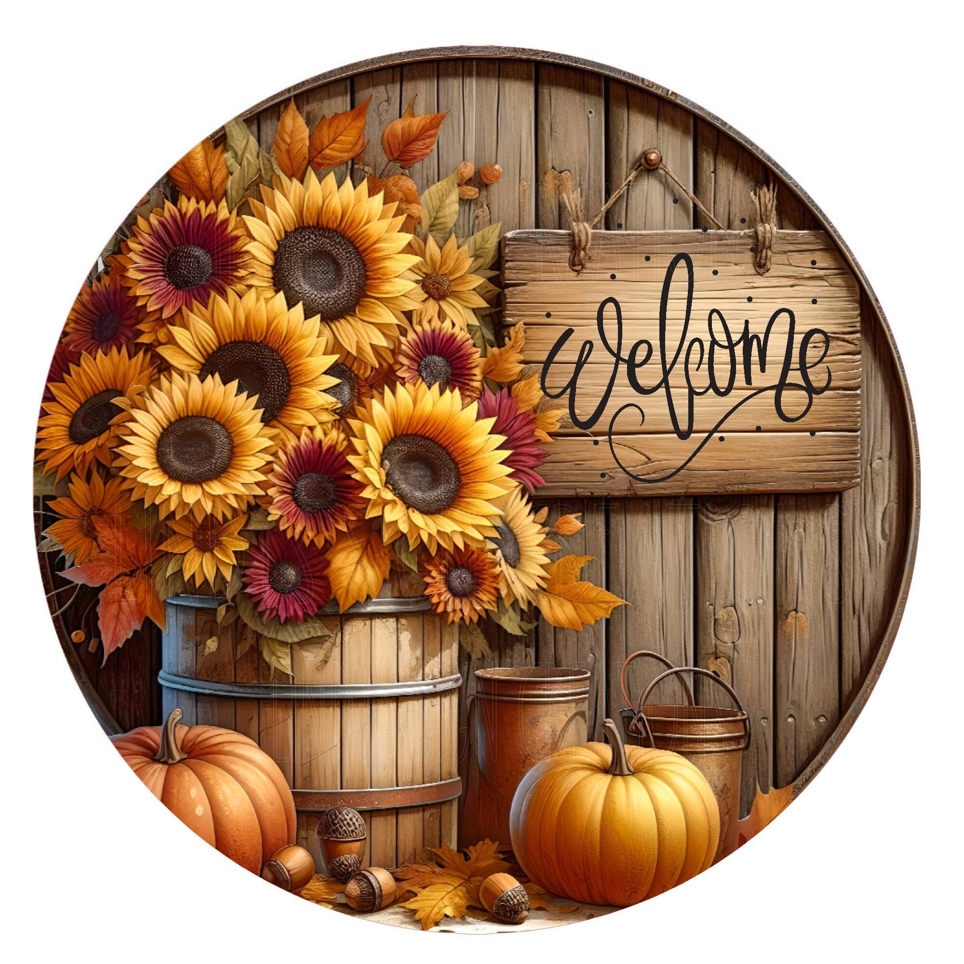 Sunflower and pumpkin barrel welcome wreath sign, metal wreath sign, door decor, round wreath sign, Lindys sign creations