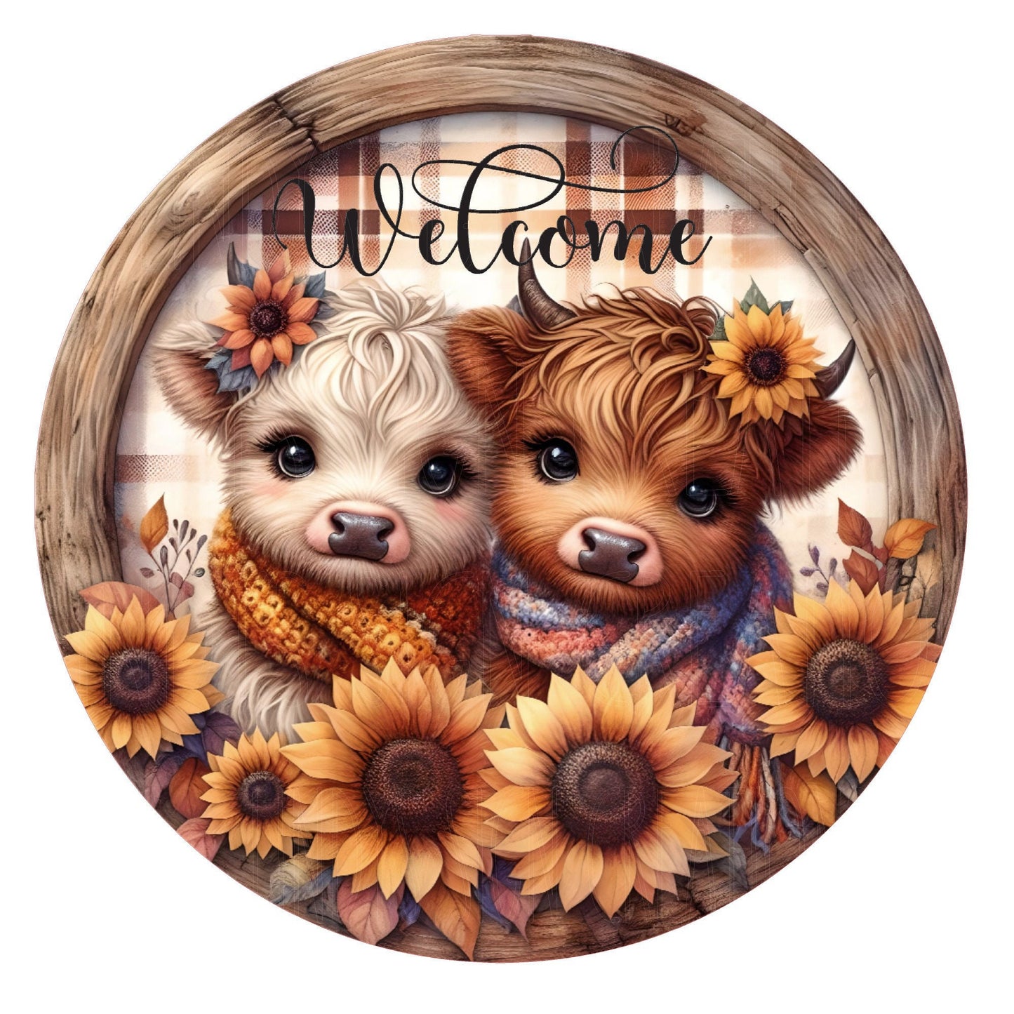 Highland cows with sunflowers welcome wreath sign, metal wreath sign, round wreath sign, door decor, Lindys sign creations